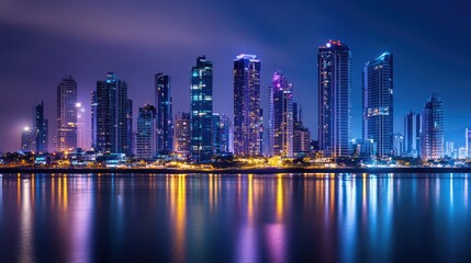Obraz premium A vibrant futuristic city with illuminated skyscrapers, representing scientific progress and technological evolution