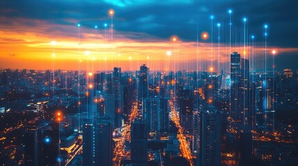 Brightly glowing buildings in a futuristic cityscape, representing technological progress and scientific breakthroughs