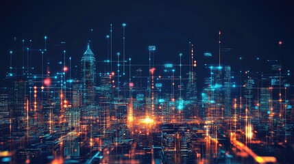 Fototapeta premium Brightly glowing buildings in a futuristic cityscape, representing technological progress and scientific breakthroughs