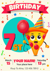 Fototapeta premium Children's birthday invitation card with cute cartoon pizza character. Vector illustration. 7 st