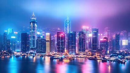 Obraz premium Futuristic city at night with neon-lit buildings, symbolizing the advancements in science and high-tech innovation