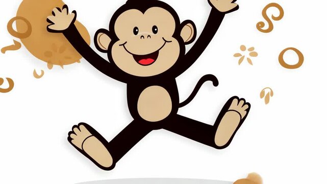 A happy monkey jumps with joy, surrounded by brown swirls and dots on a white background