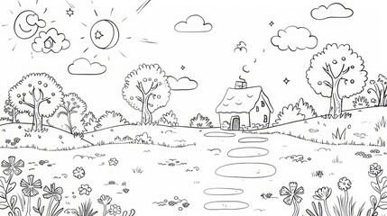 A black line art drawing of a house in the middle of a forest with a bright sun above it.