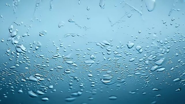 A stunning 4K animation raindrops falling blue background effect condensation beautifully depicted drops cascade flat matte glass surface water dripped glasses ather waterdrop rainy steam droplet