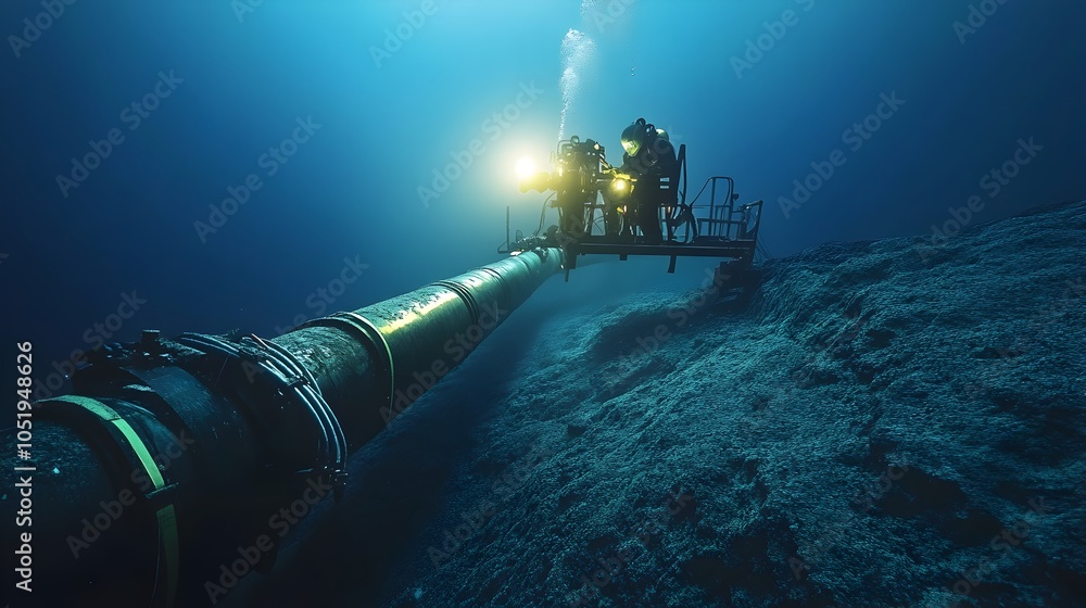 Poster skilled diver performing intricate underwater welding on a submerged pipeline in the vast ocean