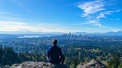 Skyline Views from a Mountain Summit Adventurer enjoying panoramic views of a city from a mountain top