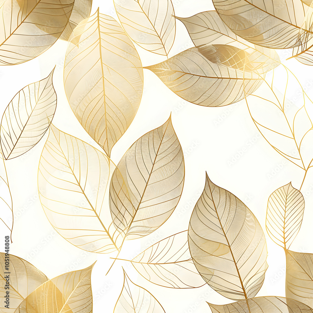 Poster gold and white patterned wallpaper with leaf patterns, featuring a seamless design that adds eleganc