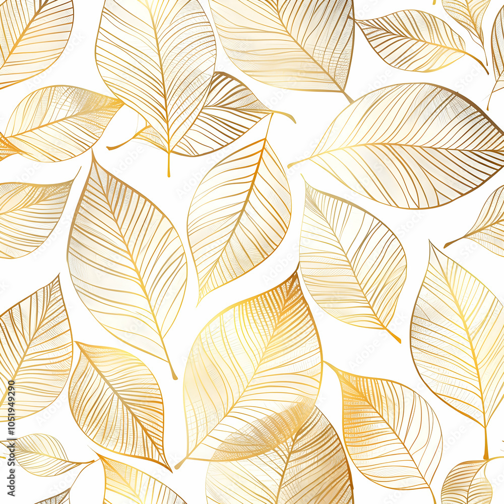 Poster gold and white patterned wallpaper with leaf patterns, featuring a seamless design that adds eleganc
