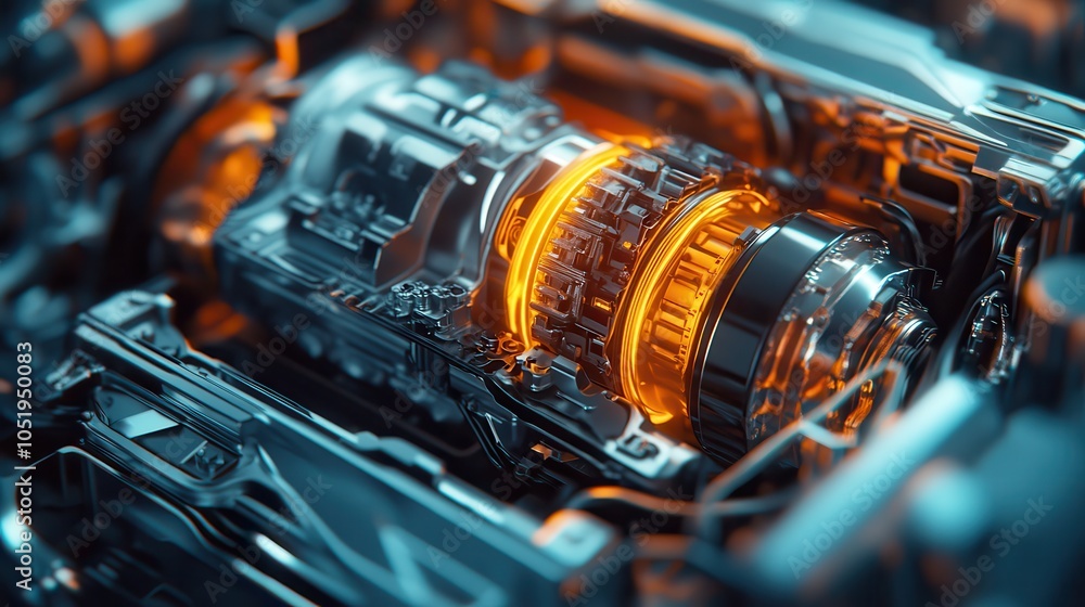 Poster a close-up view of a futuristic engine with glowing orange elements, showcasing intricate mechanical