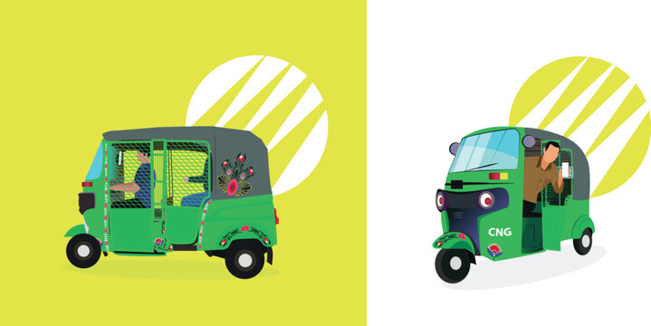 Set of green auto-rickshaw or CNG in Bangladesh