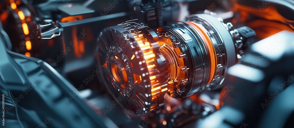 Poster a futuristic close-up of a mechanical component, showcasing intricate designs and glowing elements w