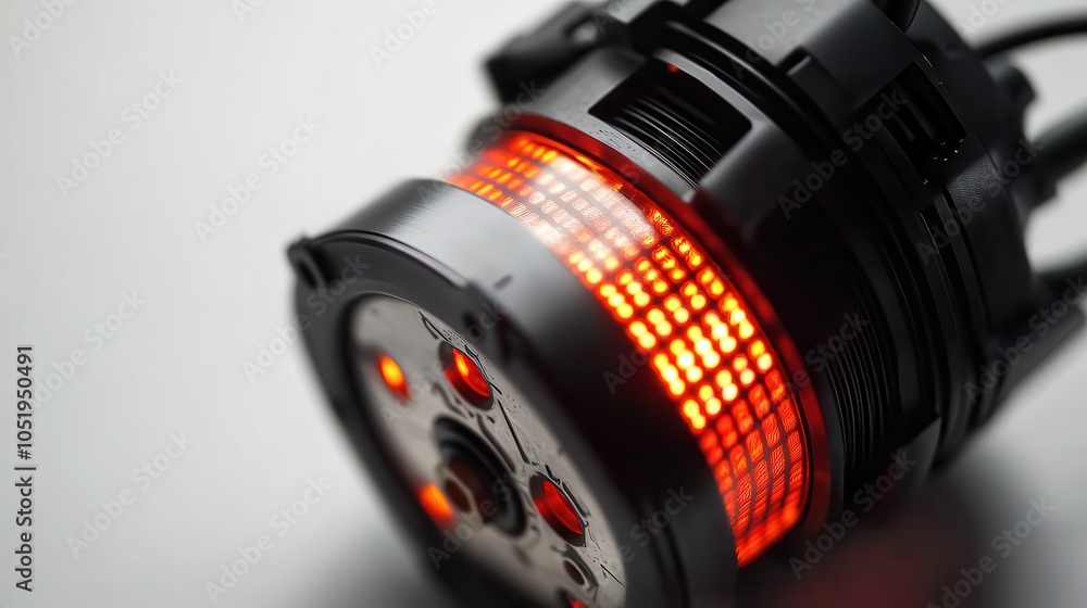 Poster a close-up of a mechanical device featuring a glowing red circular display and intricate design elem