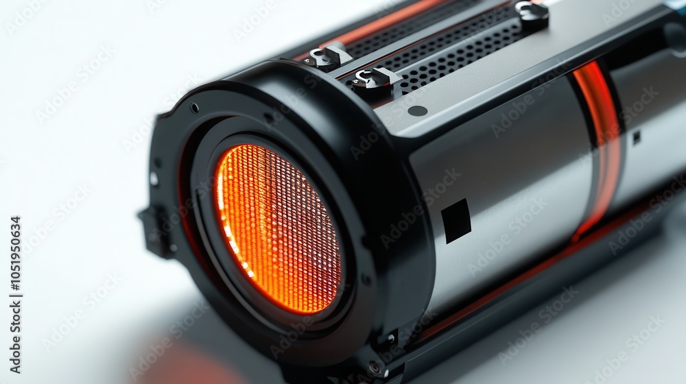 Poster a close-up of a metallic device featuring an orange glowing circular element, highlighting intricate