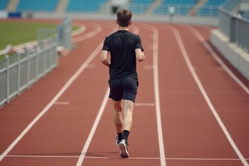 Fototapeta premium fit young man with short hair wearing a black T shirt and dark pants running on a red track with a blurred stadium background