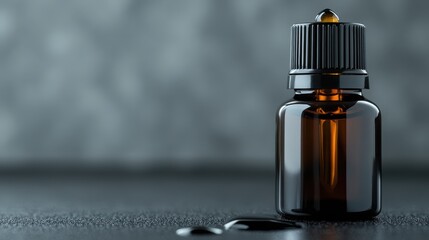A small, cap-sealed dark bottle sits on a reflective surface with drops of liquid nearby, creating a minimalist aesthetic that highlights the object’s design.