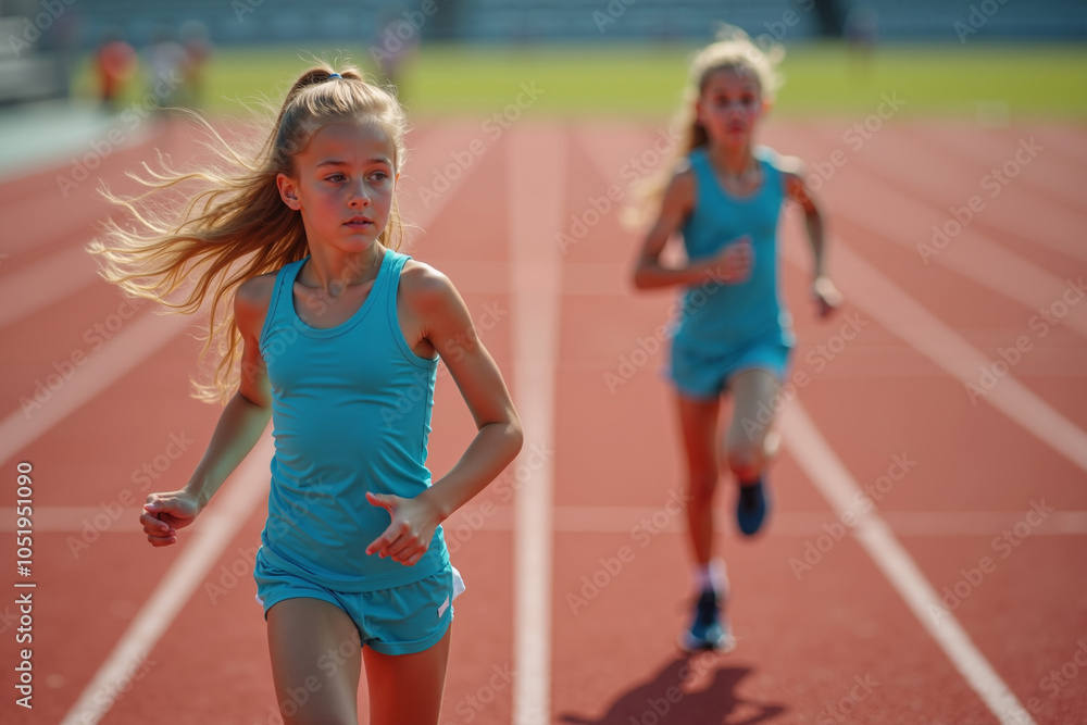 Wall mural blonde athletic young girl in a blue tank top and shorts running on a track background features blur