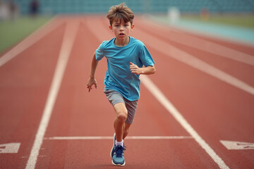 Fototapeta premium young boy wearing a light blue shirt and gray shorts running energetically on a red track with a blurred background of stadium seats and greenery