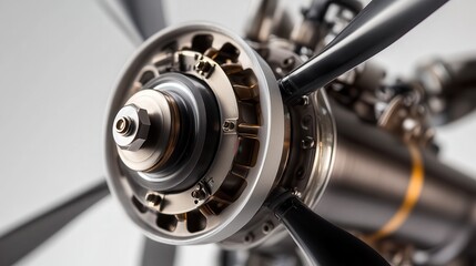 A close-up of an aircraft engine showcasing intricate details, highlighting the mechanical components and propeller design.