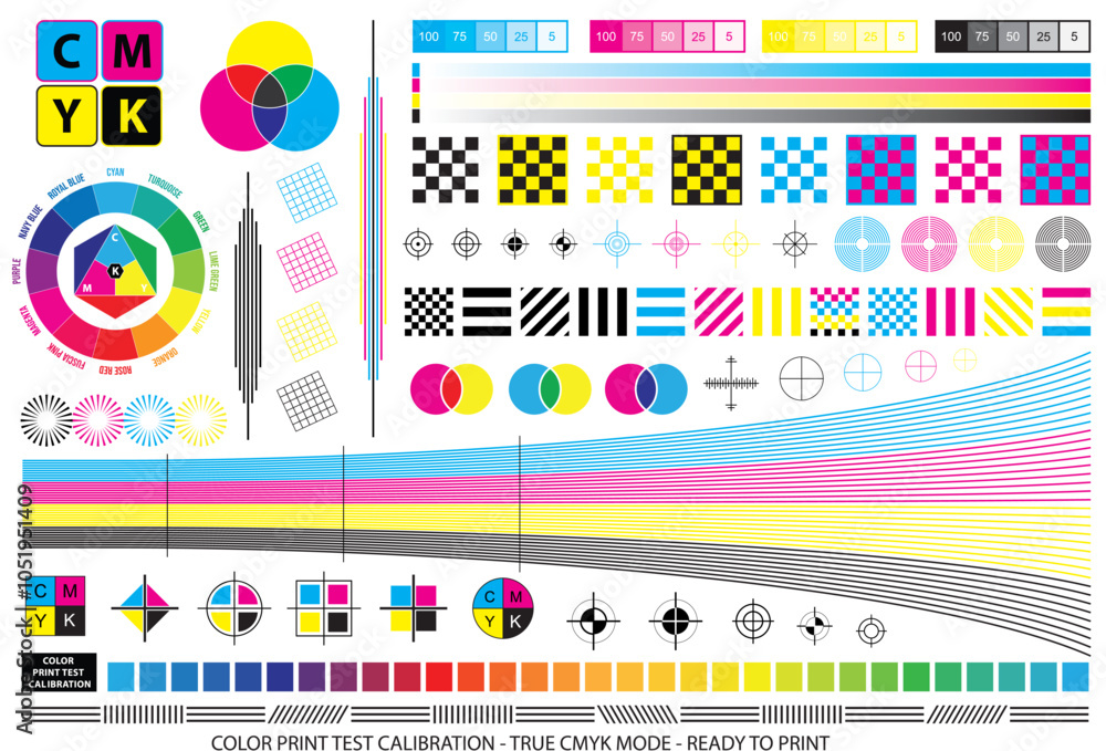 Poster an illustration of cmyk print test calibration sheet for accurate color printing