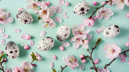 Easter composition with white and black spotted eggs on a pastel blue background