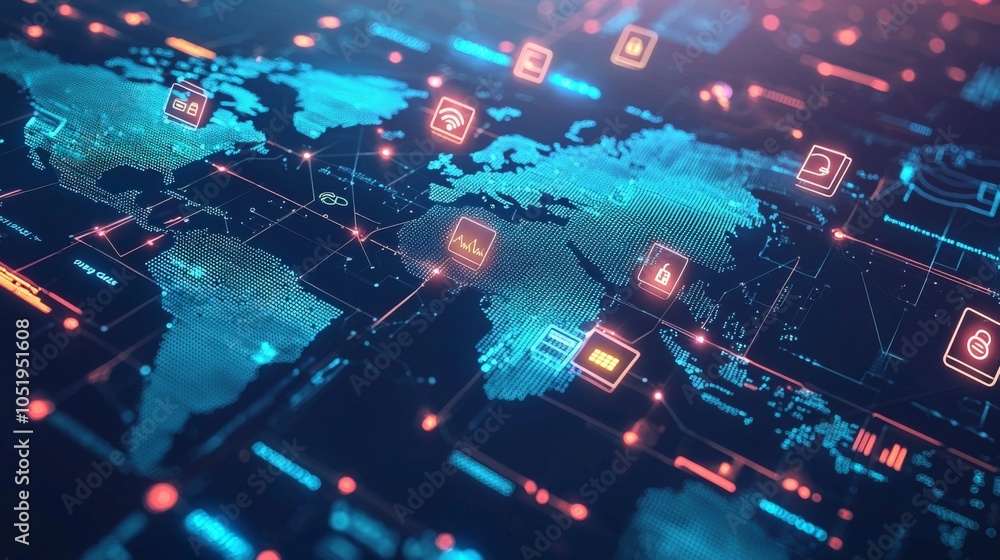Sticker a world map overlaid with glowing icons representing global tech industries like ai, blockchain, and