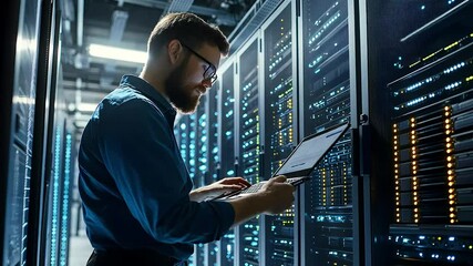 A technician inspects a server rack, using a laptop to monitor or configure data systems in a high-tech environment.