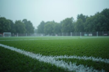 soccer field on rainy day with line and trees and a white goalpost in the distance.