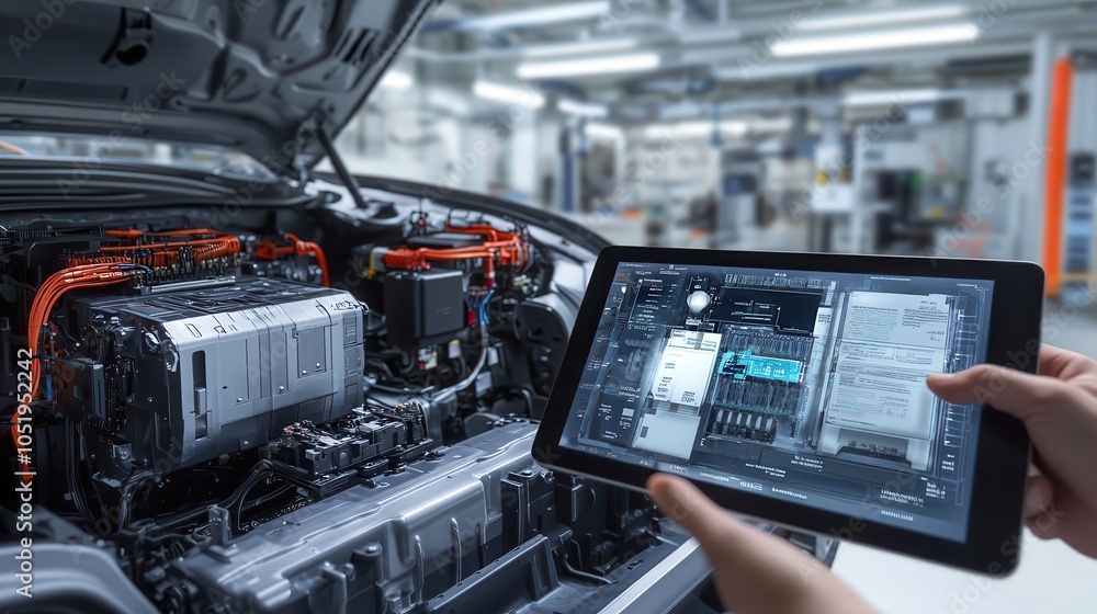 Poster a technician uses a tablet to monitor and analyze the engine components of a modern vehicle in a wor
