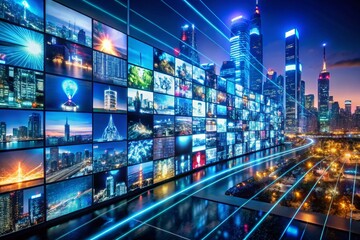 Obraz premium Night Photography of Digital Network Video Streaming Service with Generative AI Technology