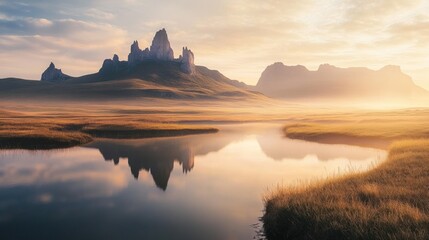 Obraz premium A serene sunrise over a misty mountain lake with a dramatic mountain range in the background.