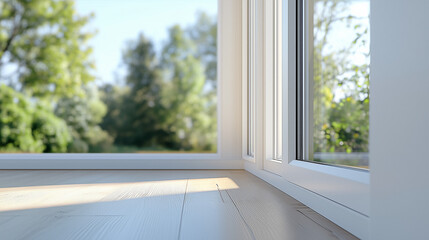 Sunlit window with view of greenery and blue sky
