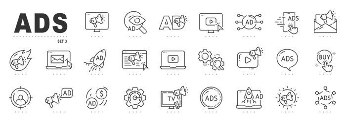 Advertisement line icons. Ads, marketing, promotion, email, click etc. Editable stroke. Set 3