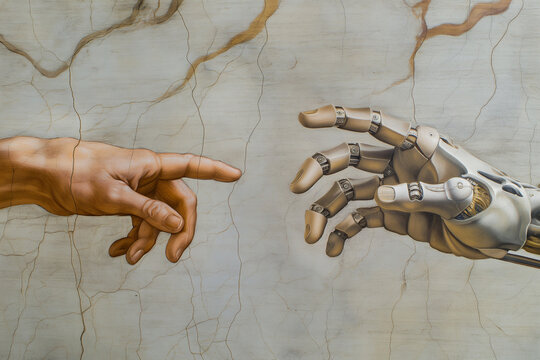 A cyborg finger touching a human finger, modern remake of The Creation of Adam. Technology meets humanity, biology vs technology. Machine learning, AI progress, big data, digital Interface