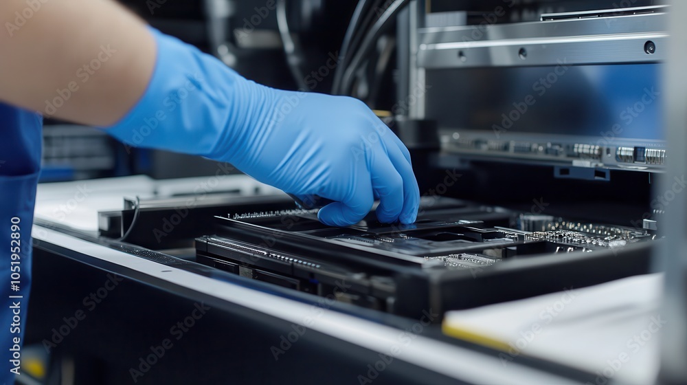 Poster a technician in blue gloves assembles electronic components on a circuit board in a high-tech worksh