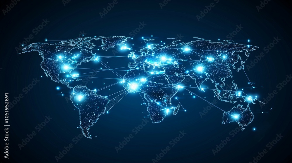 Sticker a glowing data matrix connecting tech hubs across the world, representing global innovation and coll