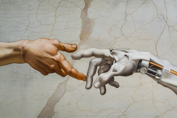 A cyborg finger touching a human finger, modern remake of The Creation of Adam. Technology meets humanity, biology vs technology. Machine learning, AI progress, big data, digital Interface
