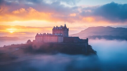 Obraz premium A majestic castle sits atop a hill shrouded in fog, with a vibrant sunrise painting the sky behind it.