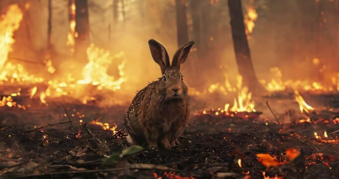 hare in a burning forest during a forest fire. death of animals from forest fire
