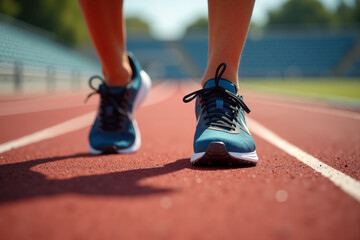 runner legs wearing athletic shoes on a red track with blurred stadium and green trees in the background.
