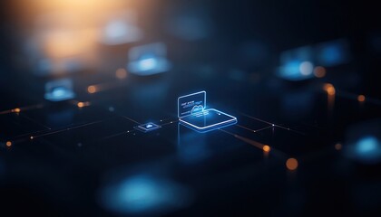 3D hologram of cloud service connecting various devices in sync, neon blue light on dark background, device sync, cloud technology concept