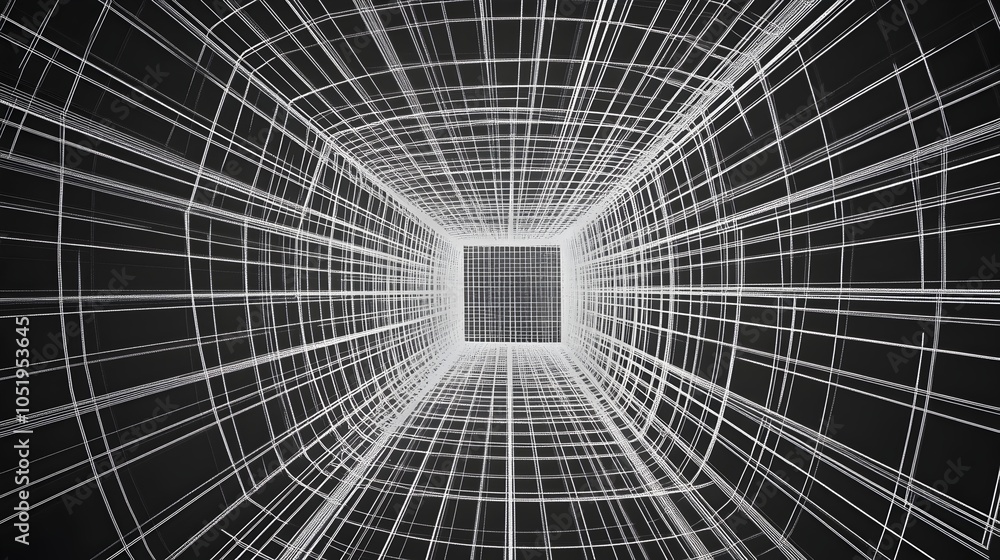 Poster mesmerizing 3d cube illusion of spinning abstract grid lines in high-contrast black and white