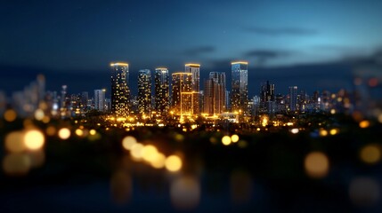 Obraz premium City skyline at night with illuminated buildings and bokeh lights.