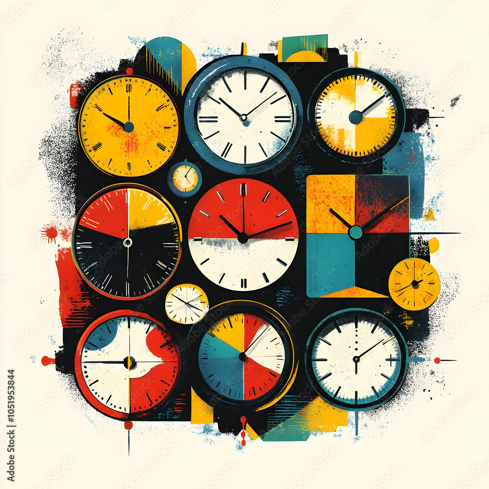 Poster a collection of analog clocks with different times and colors on a white background.