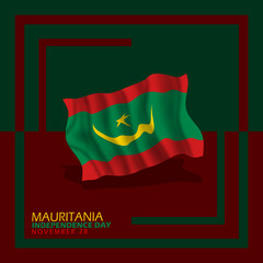 Mauritania Independence Day to celebrate on November 28th. Mauritanian flag flying on dark red and green background. Happy Independence Day