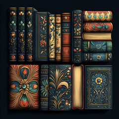 A collection of antique books with ornate floral designs and gold leaf accents.