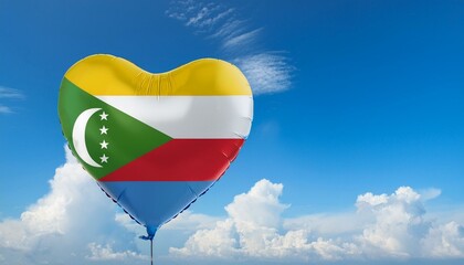 コモロの国旗のハート型の風船と青空(Comoros flag heart-shaped balloon and blue sky.)
