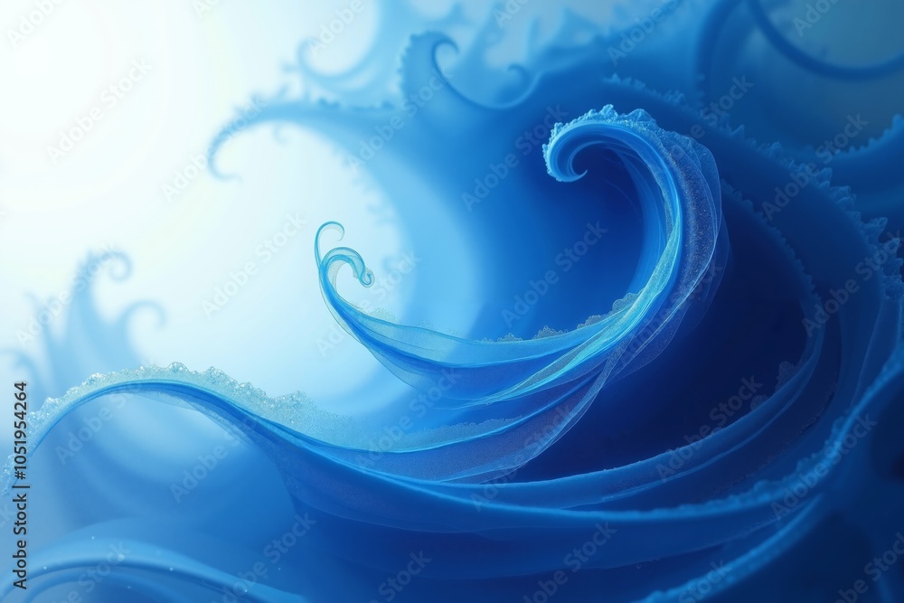 Poster flowing blue wave like forms with intricate patterns the background is a gradient of light blue