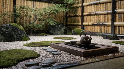 Obraz premium A serene Japanese Zen garden with a teapot and cups on a wooden tray, surrounded by white gravel, moss, and stones.