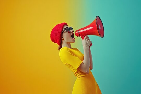Woman holding a megaphone shouting background speaker.