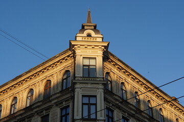 the facade of the building in the center